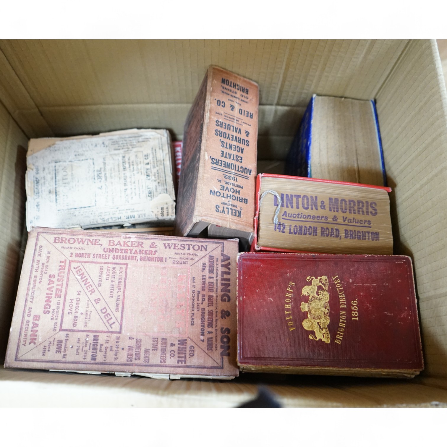 A collection of Brighton Directories, 1856 onwards (one box). Condition - poor to fair, some bindings loose and covers detached or faded